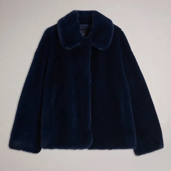 Ted Baker Lilian Faux Fur Hip Length Coat - Navy Blue - Ted Size 1 - Picture 1 of 6